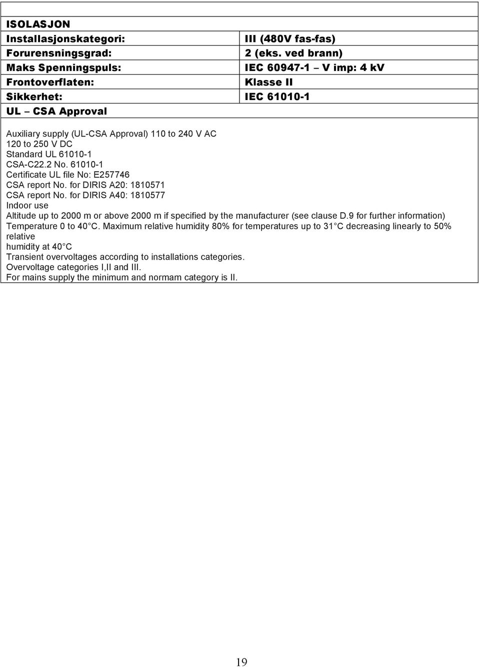 61010-1 Certificate UL file No: E257746 CSA report No. for DIRIS A20: 1810571 CSA report No.