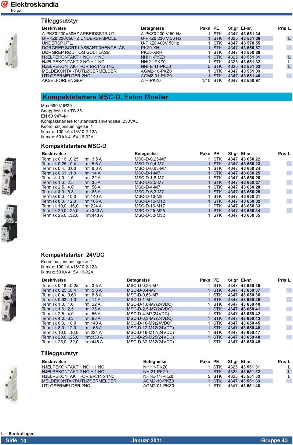 U-PKZ0 400V 50Hz 1 STK 4347 43 570 55 DØRGREP SORT LÅSBART 3HENGELÅS PKZ0-XH 1 STK 4347 43 550 87 DØRGREP RØDT OG GULT LÅSB PKZ0-XRH 1 STK 4347 43 550 88 HJELPEKONTAKT 1 NO + 1 NC NHI11-PKZ0 1 STK