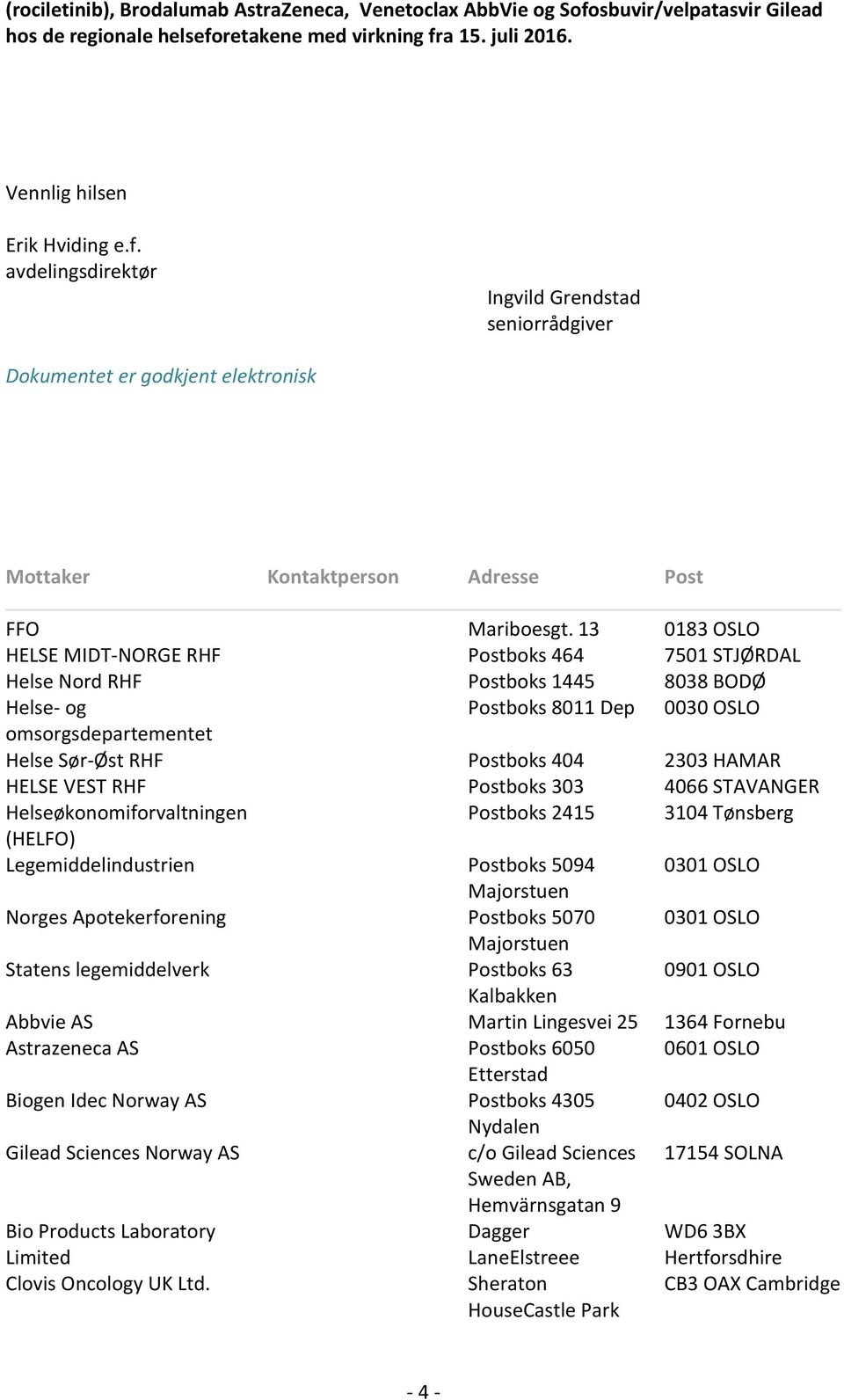 13 0183 OSLO HELSE MIDT-NORGE RHF Postboks 464 7501 STJØRDAL Helse Nord RHF Postboks 1445 8038 BODØ Helse- og Postboks 8011 Dep 0030 OSLO omsorgsdepartementet Helse Sør-Øst RHF Postboks 404 2303