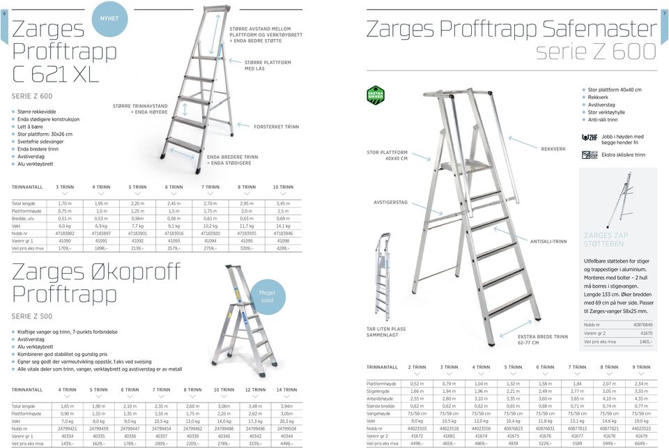 Profftrapp Safemaster serie Z 600 EKSTRA SIKKER STOR PLATTFORM 40X40 CM REKKVERK Stor plattform 40x40 cm Rekkverk Avstiverstag Stor verktøyhylle Anti-skli trinn Jobb i høyden med begge hender fri