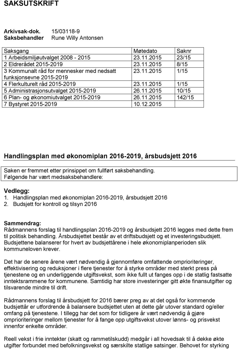 12.2015 Handlingsplan med økonomiplan 2016-2019, årsbudsjett 2016 Saken er fremmet etter prinsippet om fullført saksbehandling. Følgende har vært medsaksbehandlere: Vedlegg: 1.