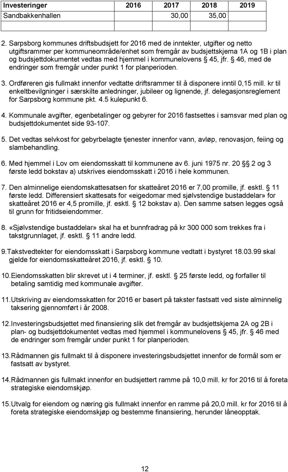 hjemmel i kommunelovens 45, jfr. 46, med de endringer som fremgår under punkt 1 for planperioden. 3. Ordføreren gis fullmakt innenfor vedtatte driftsrammer til å disponere inntil 0,15 mill.