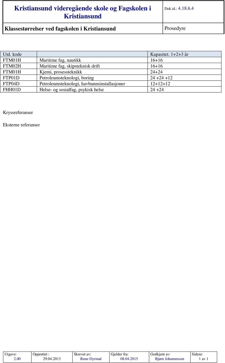 1+2+3 år FTM01H Maritime fag, nautikk 16+16 FTM02H Maritime fag, skipsteknisk drift 16+16 FTM01H Kjemi, prosessteknikk 24+24 FTP01D