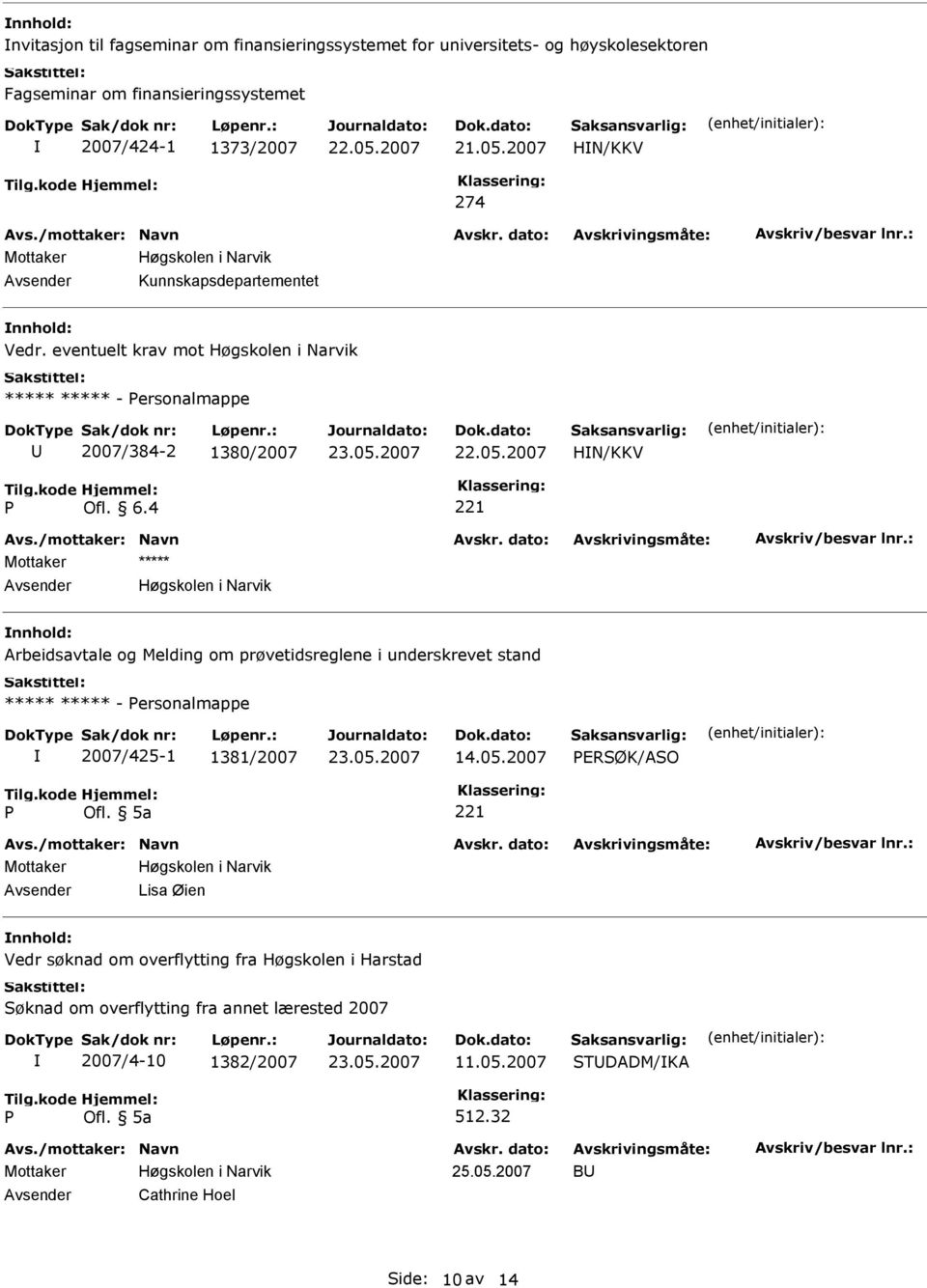 eventuelt krav mot Høgskolen i Narvik ***** ***** - ersonalmappe 2007/384-2 1380/2007 HN/KKV 221 Arbeidsavtale og Melding om prøvetidsreglene i