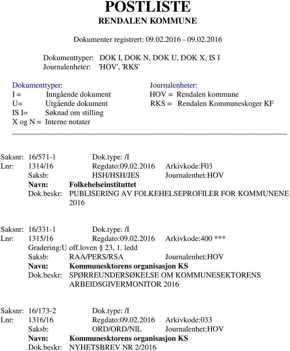 type: /I Lnr: 1315/16 Regdato:09.02.2016 Arkivkode:400 *** Gradering:U off.loven 23, 1. ledd Saksb: RAA/PERS/RSA Journalenhet:HOV Navn: Kommunesktorens organisasjon KS Dok.