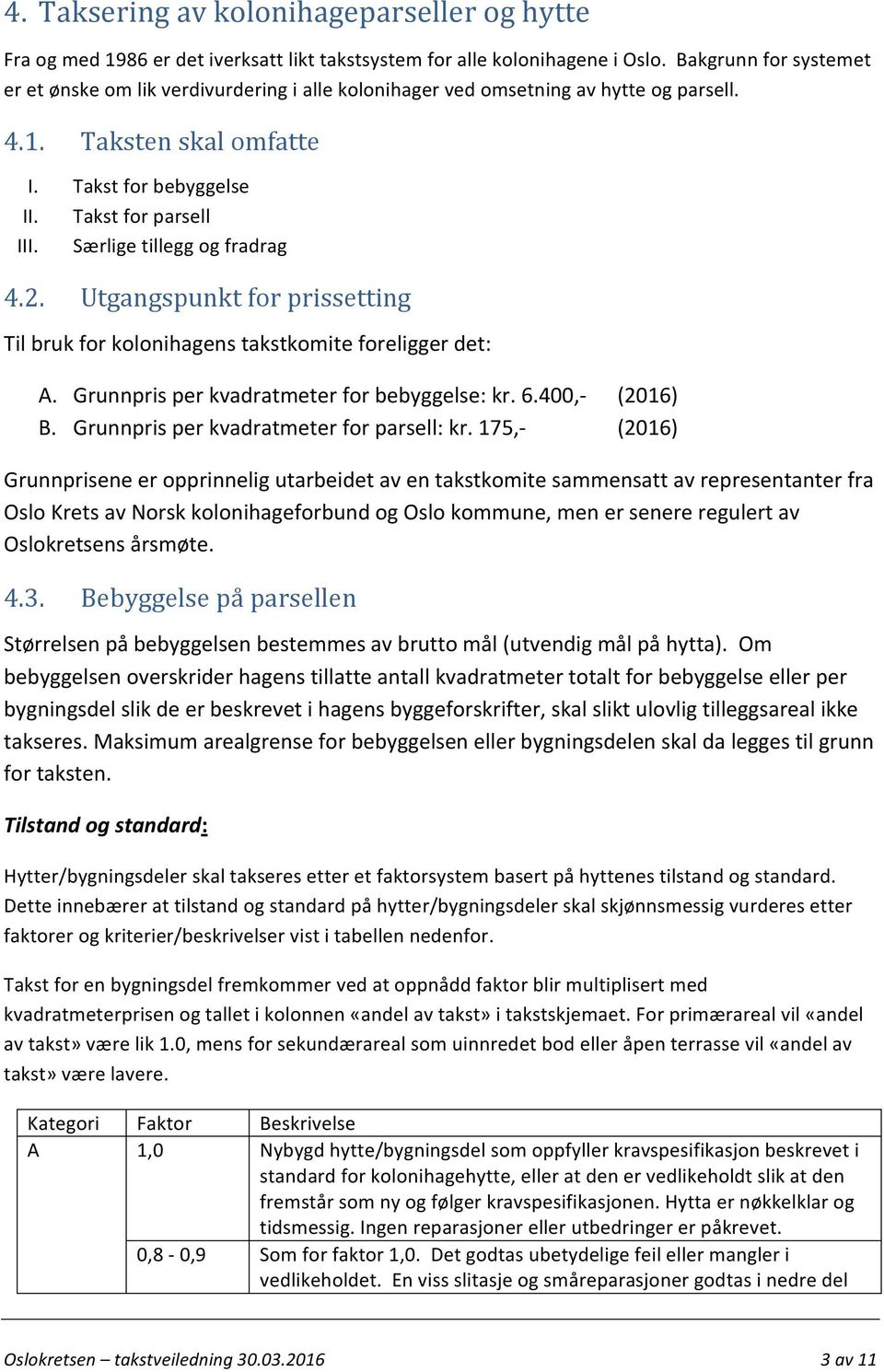 Særlige tillegg og fradrag 4.2. Utgangspunkt for prissetting Til bruk for kolonihagens takstkomite foreligger det: A. Grunnpris per kvadratmeter for bebyggelse: kr. 6.400,- (2016) B.