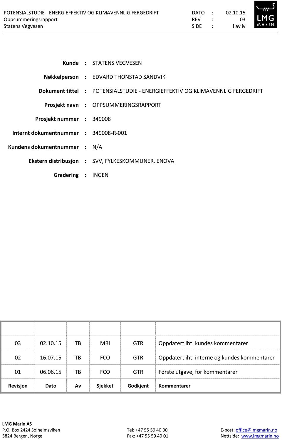 : INGEN 03 02.10.15 TB MRI GTR Oppdatert iht. kundes kommentarer 02 16.07.15 TB FCO GTR Oppdatert iht. interne og kundes kommentarer 01 06.