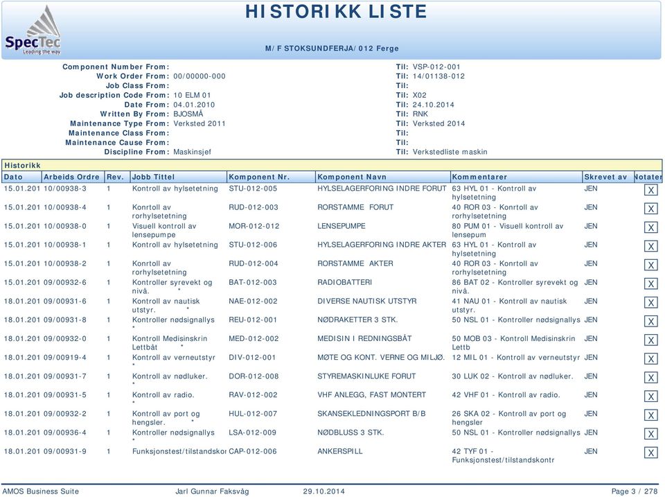 01.201 10/00938-2 1 Konrtoll av RUD-012-004 RORSTAMME AKTER 40 ROR 03 - Konrtoll av 15.01.201 09/00932-6 1 Kontroller syrevekt og BAT-012-003 RADIOBATTERI 86 BAT 02 - Kontroller syrevekt og nivå.