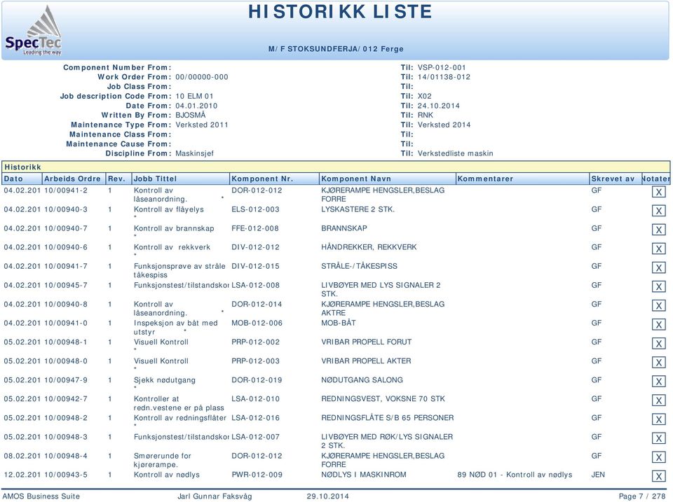 04.02.201 10/00940-8 1 Kontroll av DOR-012-014 KJØRERAMPE HENGSLER,BESLAG låseanordning. AKTRE 04.02.201 10/00941-0 1 Inspeksjon av båt med MOB-012-006 MOB-BÅT utstyr 05.02.201 10/00948-1 1 Visuell Kontroll PRP-012-002 VRIBAR PROPELL FORUT 05.