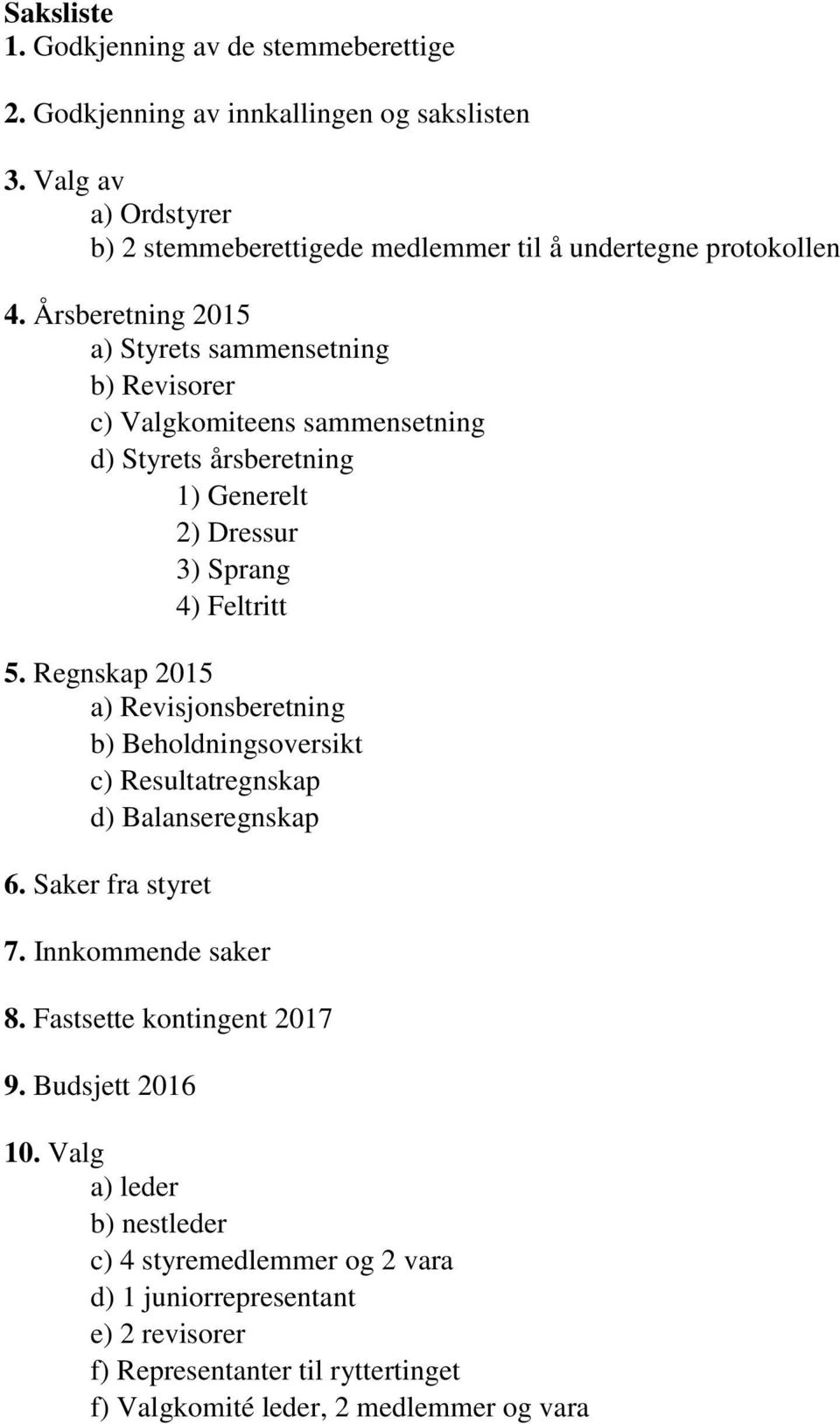 Årsberetning 2015 a) Styrets sammensetning b) Revisorer c) Valgkomiteens sammensetning d) Styrets årsberetning 1) Generelt 2) Dressur 3) Sprang 4) Feltritt 5.