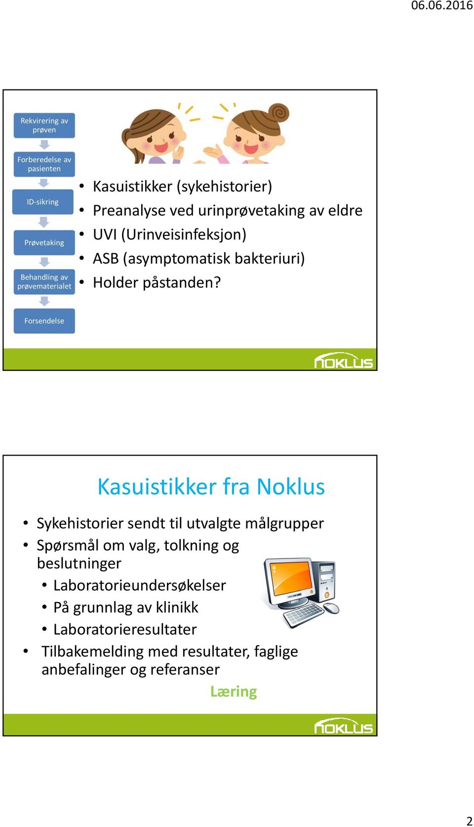 Kasuistikker fra Noklus Sykehistorier sendt til utvalgte målgrupper Spørsmål om valg, tolkning og