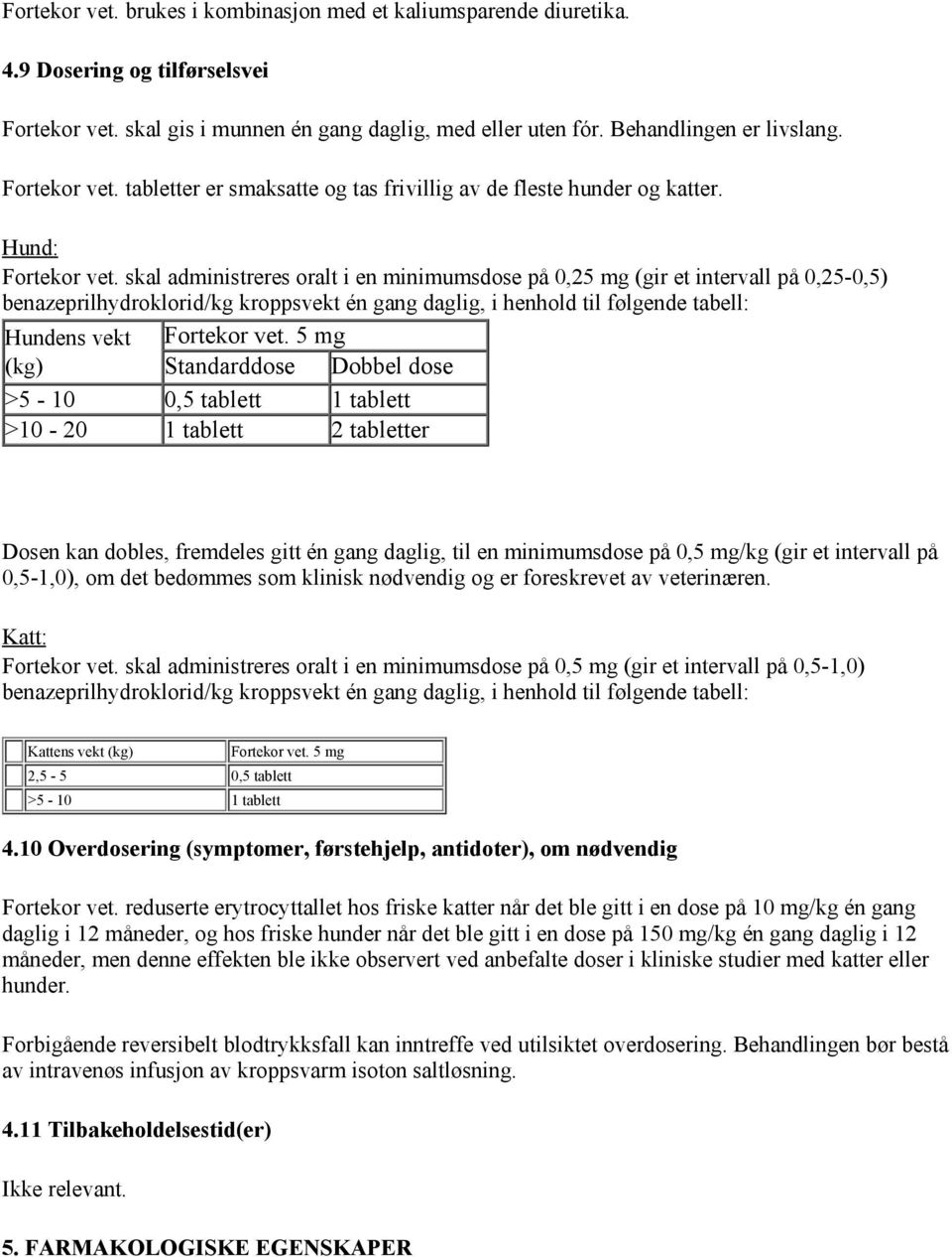 skal administreres oralt i en minimumsdose på 0,25 mg (gir et intervall på 0,25-0,5) benazeprilhydroklorid/kg kroppsvekt én gang daglig, i henhold til følgende tabell: Hundens vekt Fortekor vet.