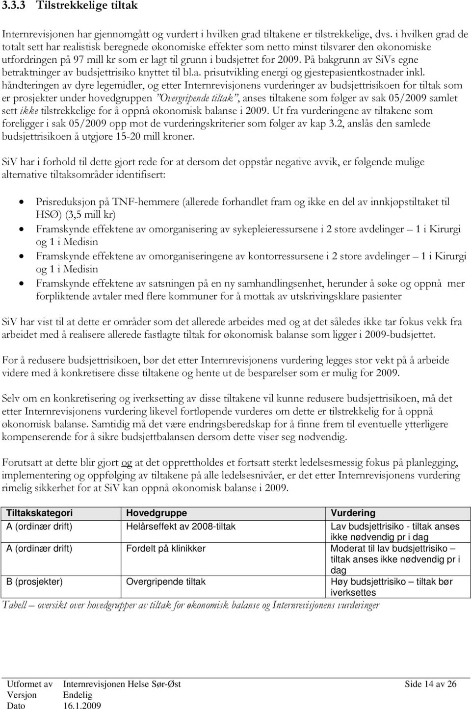 På bakgrunn av SiVs egne betraktninger av budsjettrisiko knyttet til bl.a. prisutvikling energi og gjestepasientkostnader inkl.