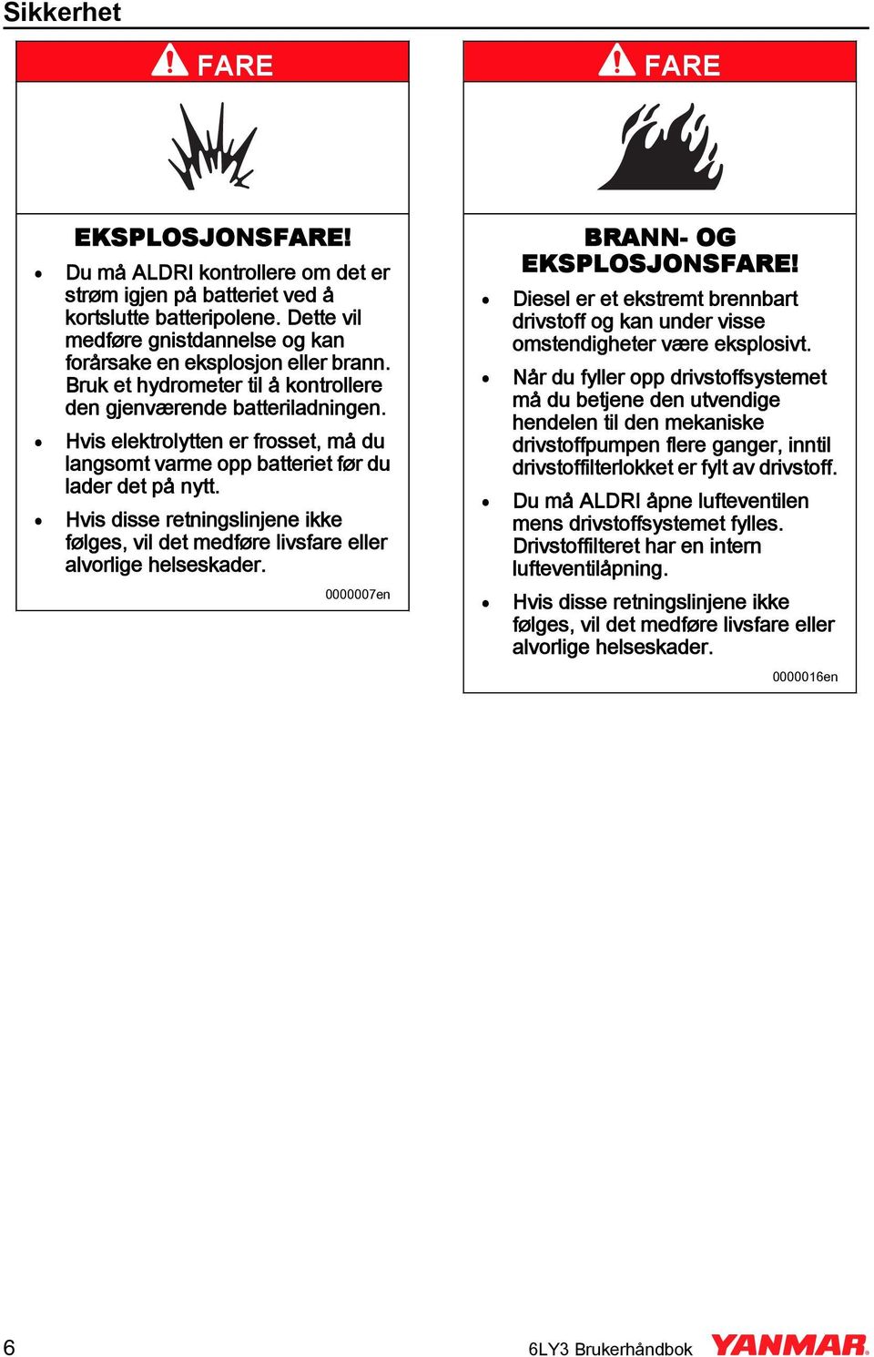 Hvis elektrolytten er frosset, må du langsomt varme opp batteriet før du lader det på nytt. 0000007en BRA- OG EKSPLOSJOSFARE!