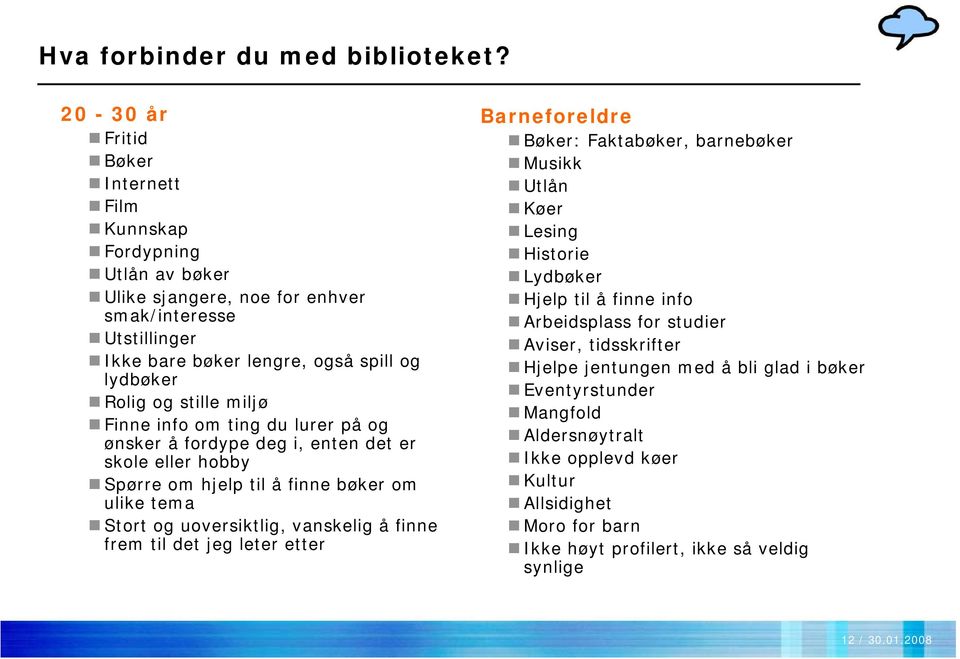 miljø Finne info om ting du lurer på og ønsker å fordype deg i, enten det er skole eller hobby Spørre om hjelp til å finne bøker om ulike tema Stort og uoversiktlig, vanskelig å finne frem til det