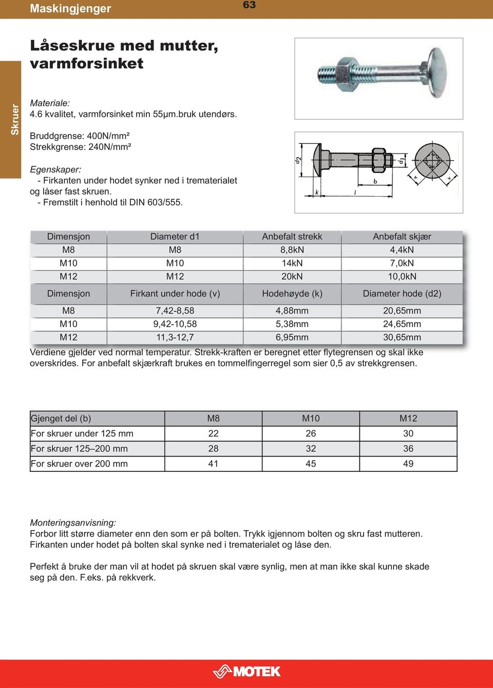 Dimensjon Diameter d1 Anbefalt strekk Anbefalt skjær M8 M8 8,8kN 4,4kN M10 M10 14kN 7,0kN M12 M12 20kN 10,0kN Dimensjon Firkant under hode (v) Hodehøyde (k) Diameter hode (d2) M8 7,42-8,58 4,88mm