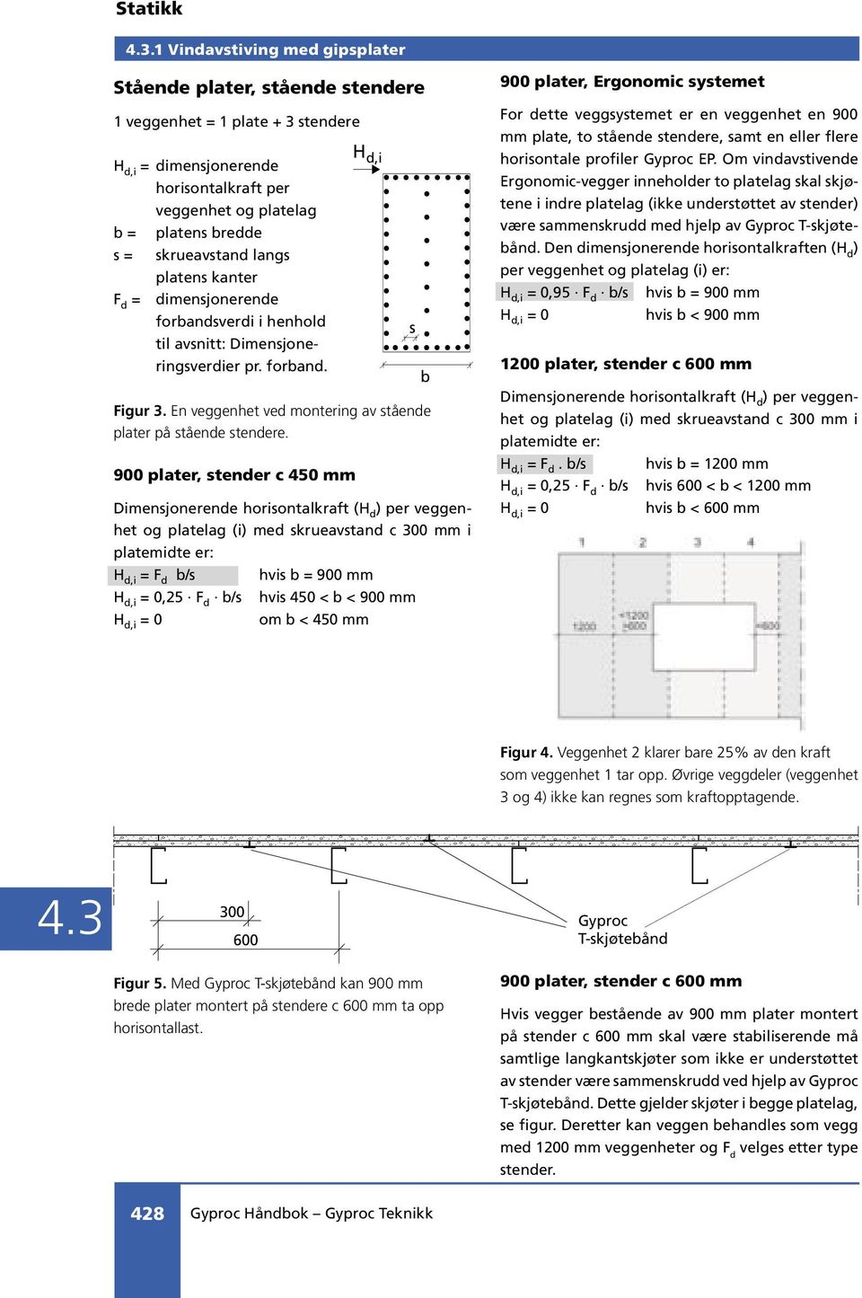 900 plater, stender c 450 mm H d,i Dimensjonerende horisontalkraft (H d ) per veggenhet og platelag (i) med skrueavstand c 300 mm i platemidte er: H d,i F d b/s hvis b 900 mm H d,i 0,25 F d b/s hvis