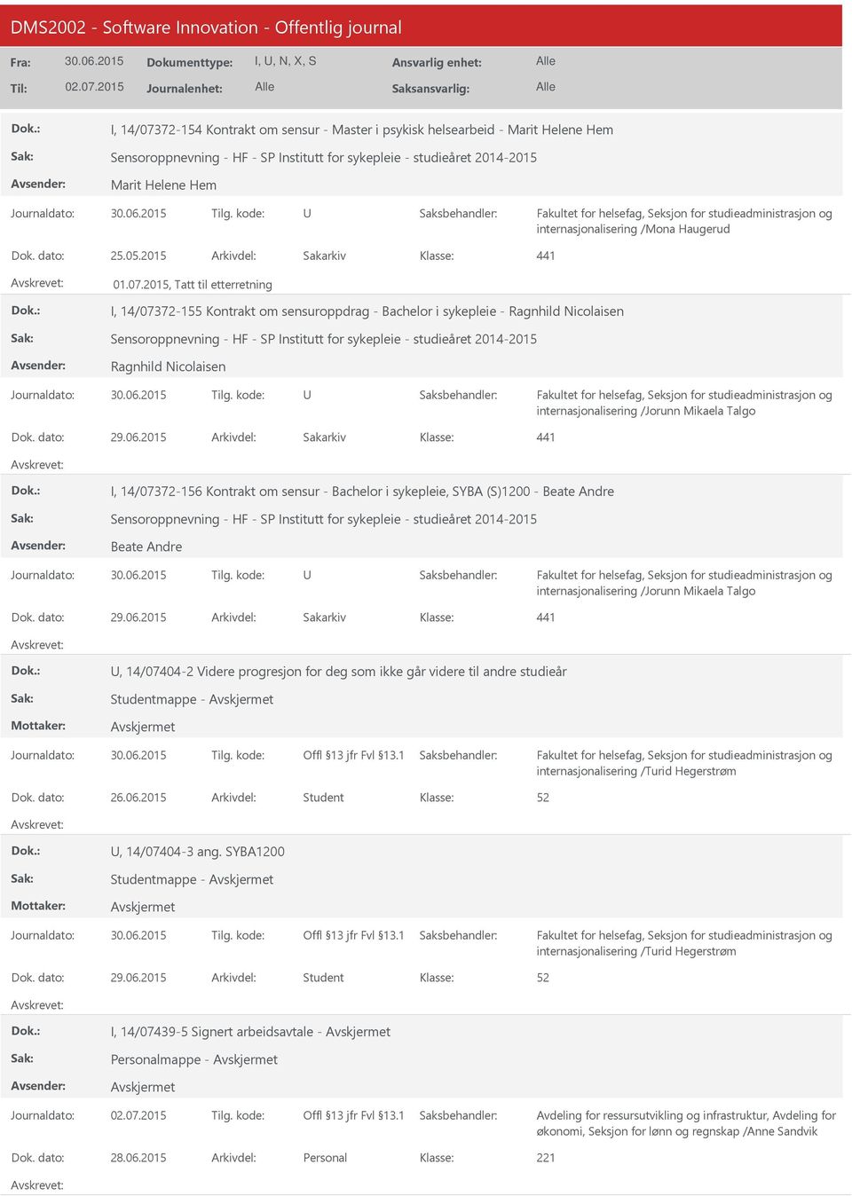 2015, Tatt til etterretning I, 14/07372-155 Kontrakt om sensuroppdrag - Bachelor i sykepleie - Ragnhild Nicolaisen Sensoroppnevning - HF - SP Institutt for sykepleie - studieåret 2014-2015 Ragnhild