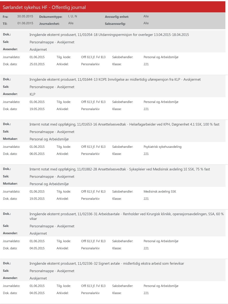 2015 Arkivdel: Personalarkiv Internt notat med oppfølging, 11/01653-16 Ansettelsesvedtak - Helsefagarbeider ved KPH, Døgnenhet 4.1 SSK, 100 % fast Personalmappe - Psykiatrisk sykehusavdeling Dok.