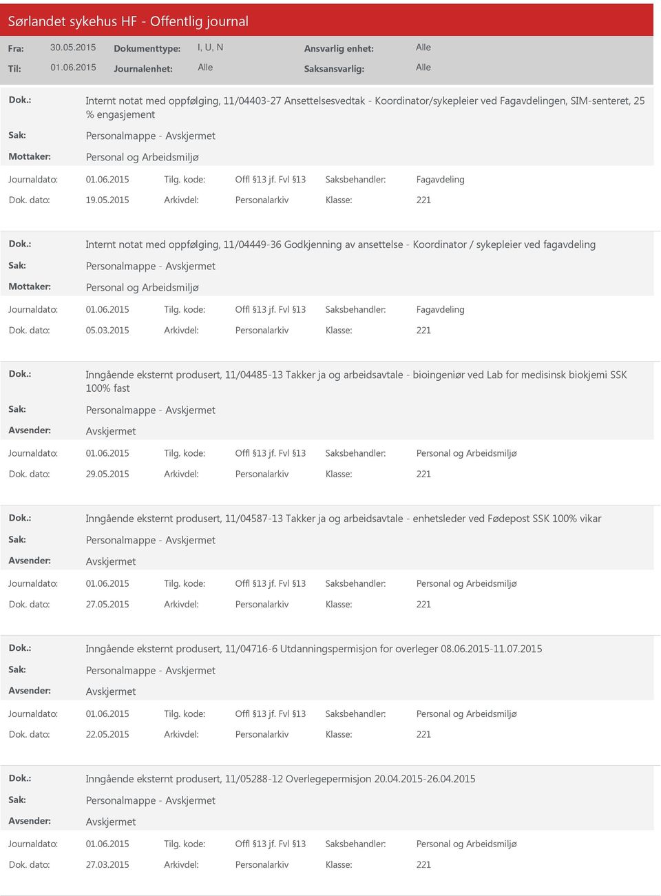 2015 Arkivdel: Personalarkiv Inngående eksternt produsert, 11/04485-13 Takker ja og arbeidsavtale - bioingeniør ved Lab for medisinsk biokjemi SSK 100% fast Personalmappe - Dok. dato: 29.05.