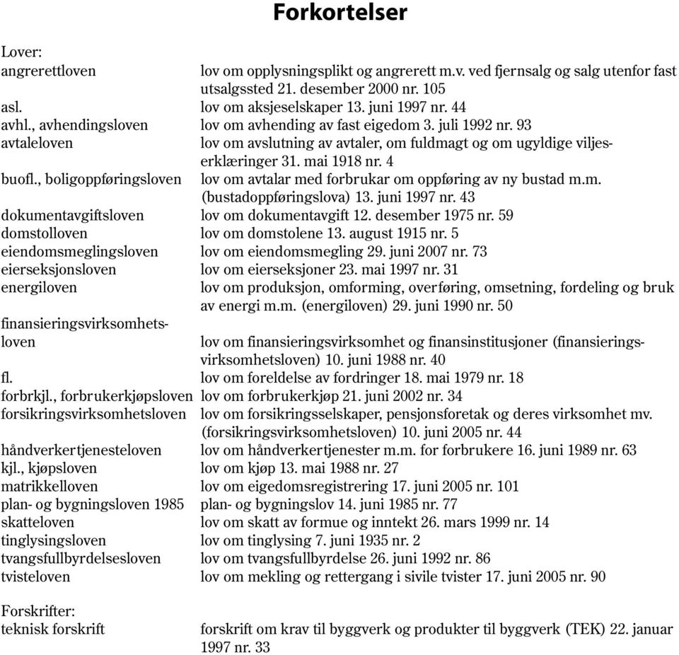 , boligoppføringsloven lov om avtalar med forbrukar om oppføring av ny bustad m.m. (bustadoppføringslova) 13. juni 1997 nr. 43 dokumentavgiftsloven lov om dokumentavgift 12. desember 1975 nr.