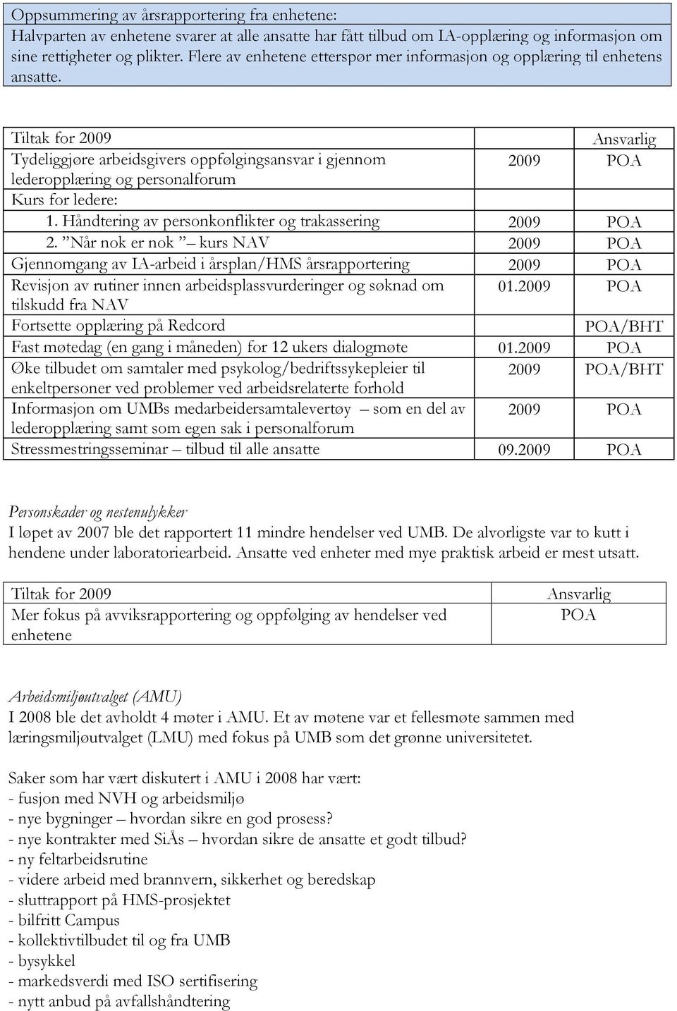 Tiltak for 2009 Tydeliggjøre arbeidsgivers oppfølgingsansvar i gjennom 2009 POA lederopplæring og personalforum Kurs for ledere: 1. Håndtering av personkonflikter og trakassering 2009 POA 2.