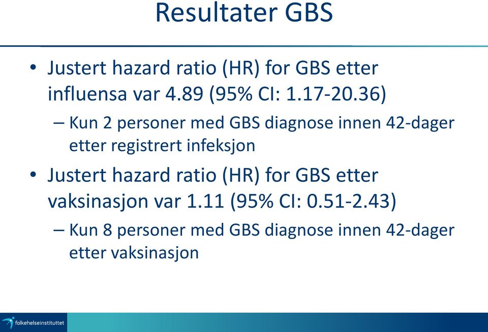 36) Kun 2 personer med GBS diagnose innen 42-dager etter registrert infeksjon