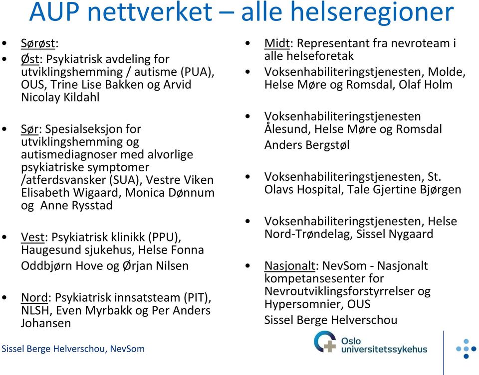 Fonna Oddbjørn Hove og Ørjan Nilsen Nord: Psykiatrisk innsatsteam (PIT), NLSH, Even Myrbakk og Per Anders Johansen Midt: Representant fra nevroteam i alle helseforetak Voksenhabiliteringstjenesten,