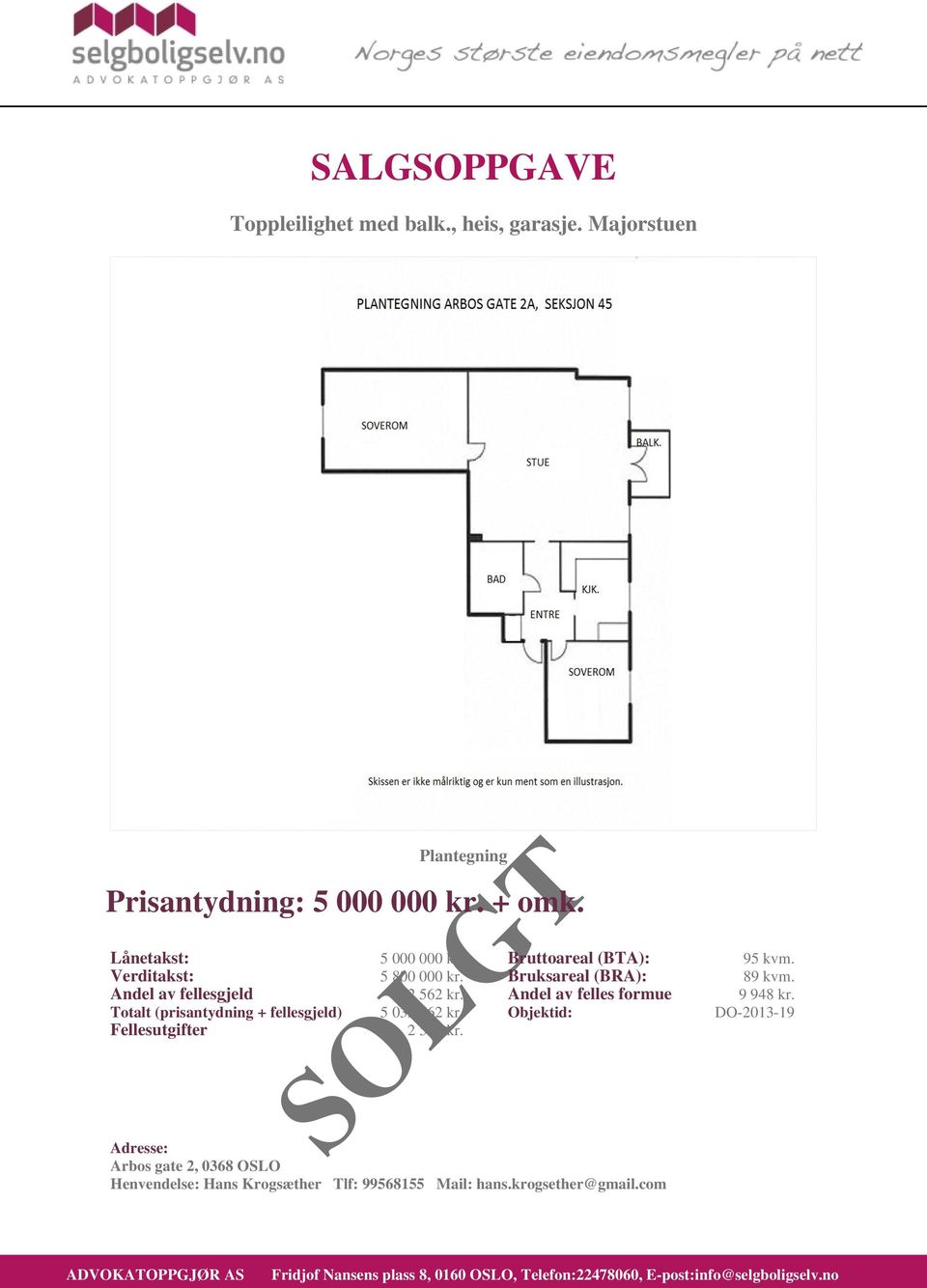 Andel av fellesgjeld 32 562 kr. Andel av felles formue 9 948 kr. Totalt (prisantydning + fellesgjeld) 5 032 562 kr.