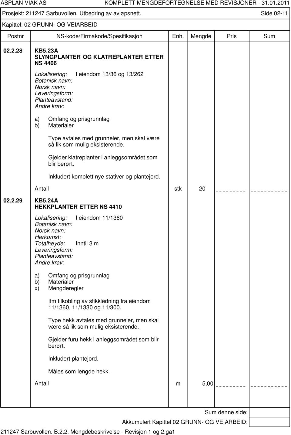 mulig eksisterende. Gjelder klatreplanter i anleggsområdet som blir berørt. Inkludert komplett nye stativer og plantejord. Antall stk 20 02.2.29 KB5.