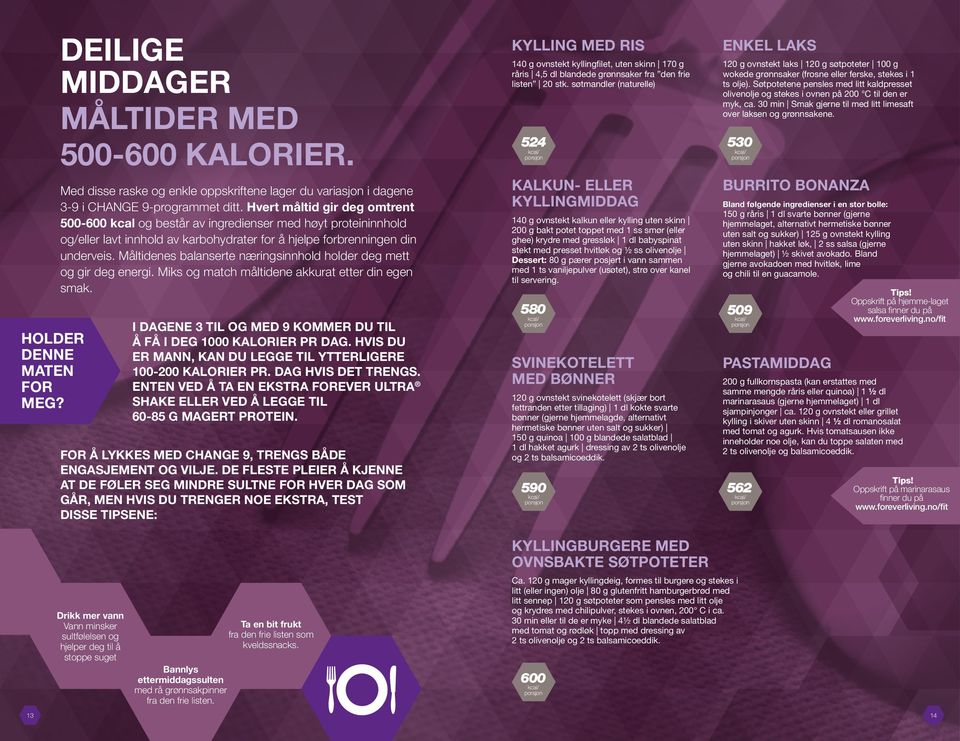 Måltidenes balanserte næringsinnhold holder deg mett og gir deg energi. Miks og match måltidene akkurat etter din egen smak. I DAGENE 3 TIL OG MED 9 KOMMER DU TIL Å FÅ I DEG 1000 KALORIER PR DAG.