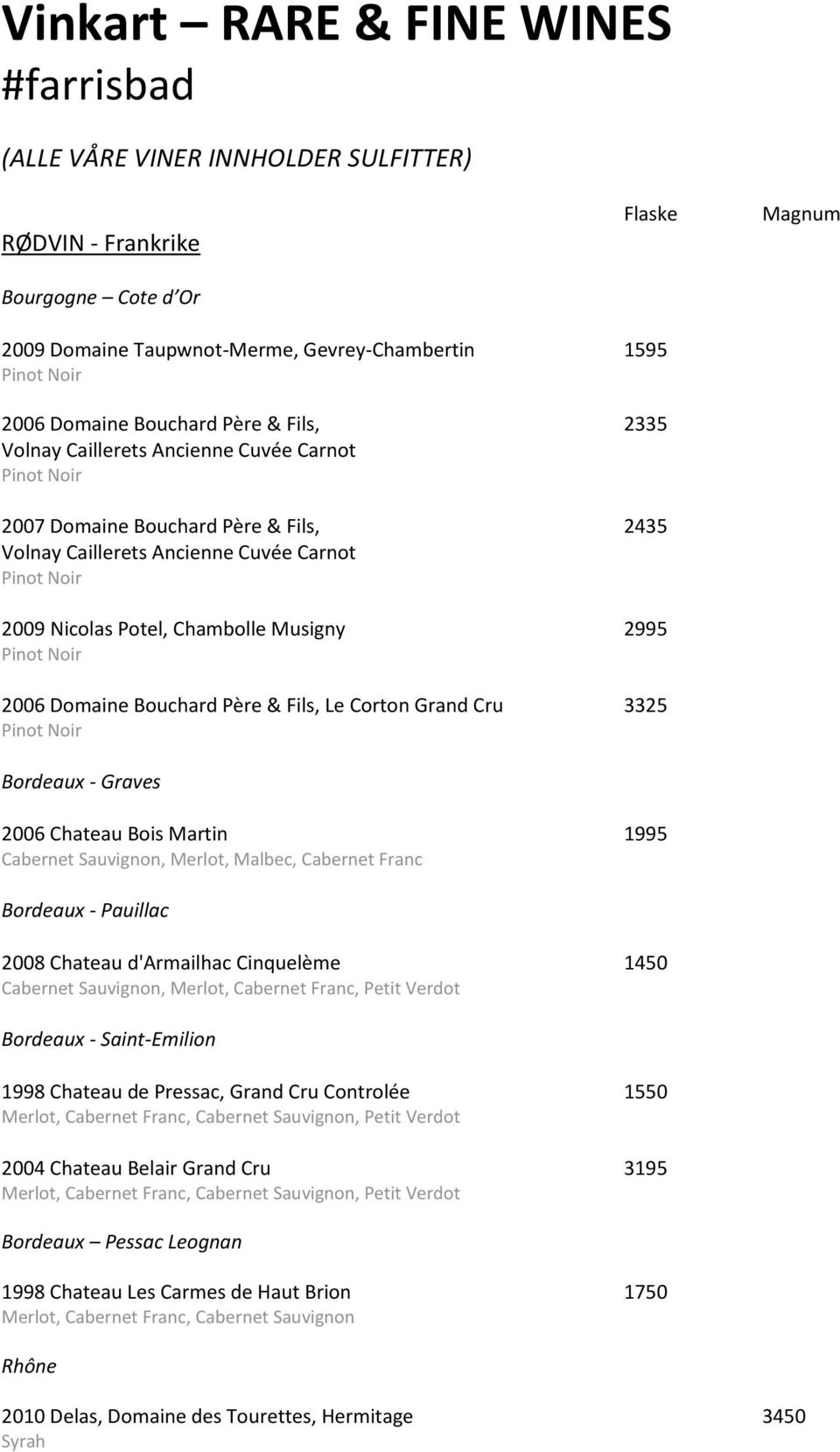 Fils, Le Corton Grand Cru 3325 Pinot Noir Bordeaux - Graves 2006 Chateau Bois Martin 1995 Cabernet Sauvignon, Merlot, Malbec, Cabernet Franc Bordeaux - Pauillac 2008 Chateau d'armailhac Cinquelème