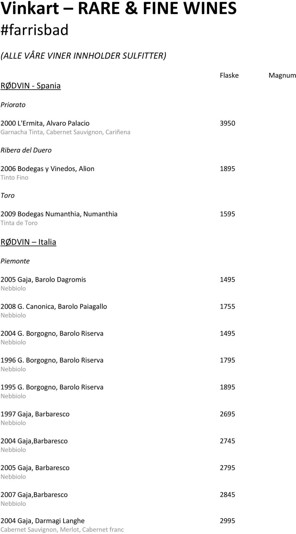 Canonica, Barolo Paiagallo 1755 Nebbiolo 2004 G. Borgogno, Barolo Riserva 1495 Nebbiolo 1996 G. Borgogno, Barolo Riserva 1795 Nebbiolo 1995 G.