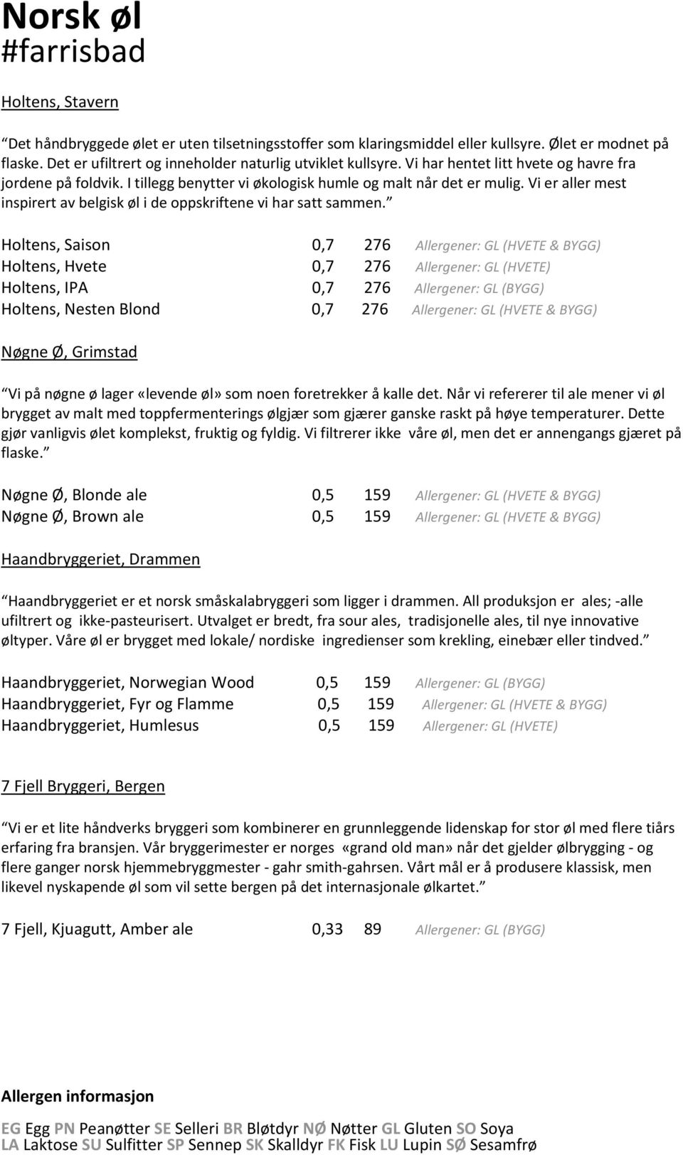 Holtens, Saison 0,7 276 Allergener: GL (HVETE & BYGG) Holtens, Hvete 0,7 276 Allergener: GL (HVETE) Holtens, IPA 0,7 276 Allergener: GL (BYGG) Holtens, Nesten Blond 0,7 276 Allergener: GL (HVETE &