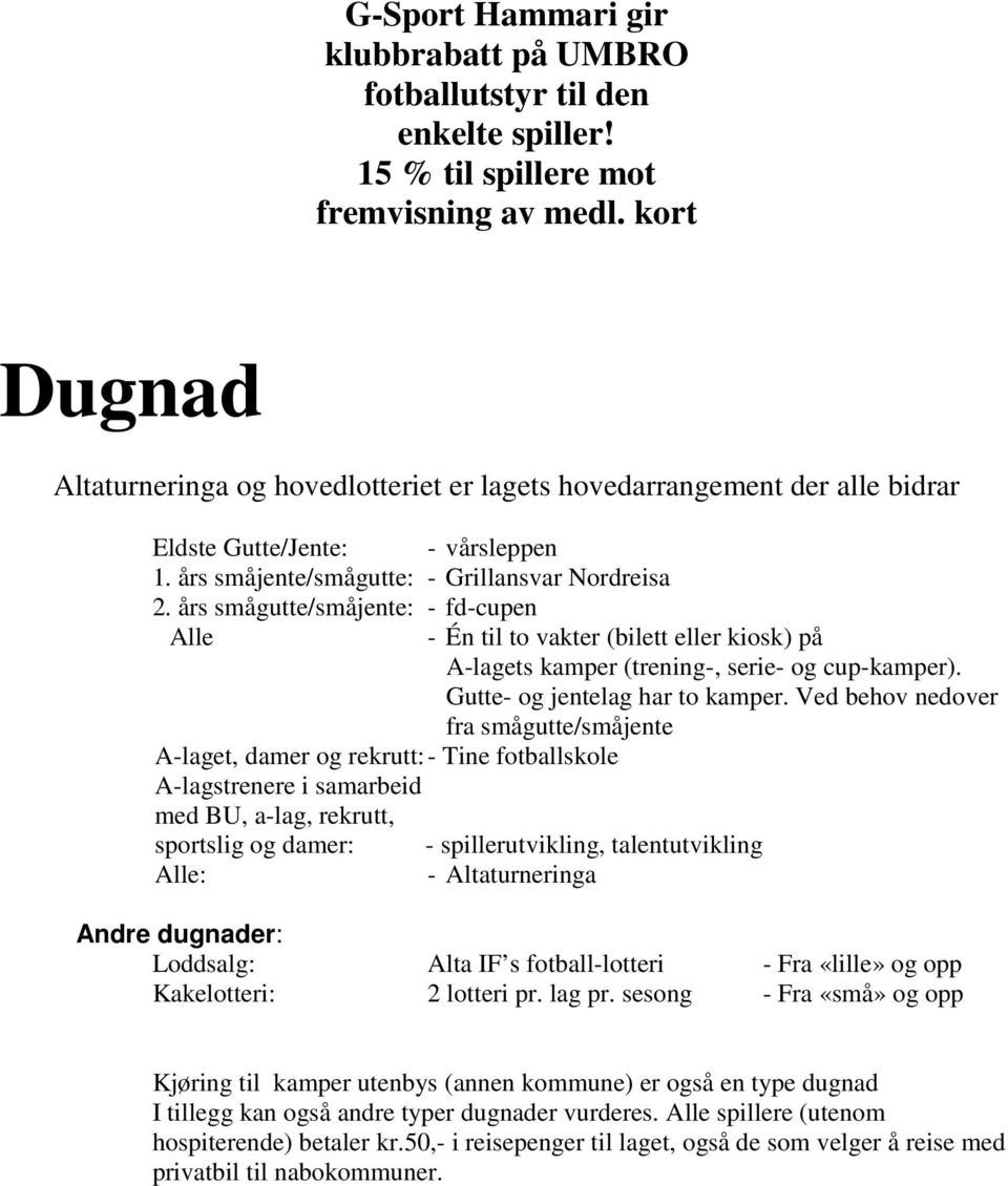 års smågutte/småjente: - fd-cupen Alle A-laget, damer og rekrutt: - Tine fotballskole A-lagstrenere i samarbeid med BU, a-lag, rekrutt, sportslig og damer: Alle: - Én til to vakter (bilett eller