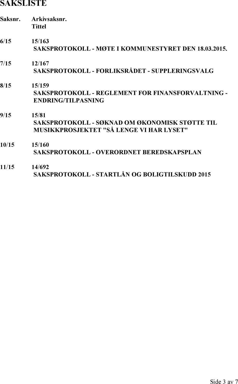 FINANSFORVALTNING - ENDRING/TILPASNING 9/15 15/81 SAKSPROTOKOLL - SØKNAD OM ØKONOMISK STØTTE TIL MUSIKKPROSJEKTET