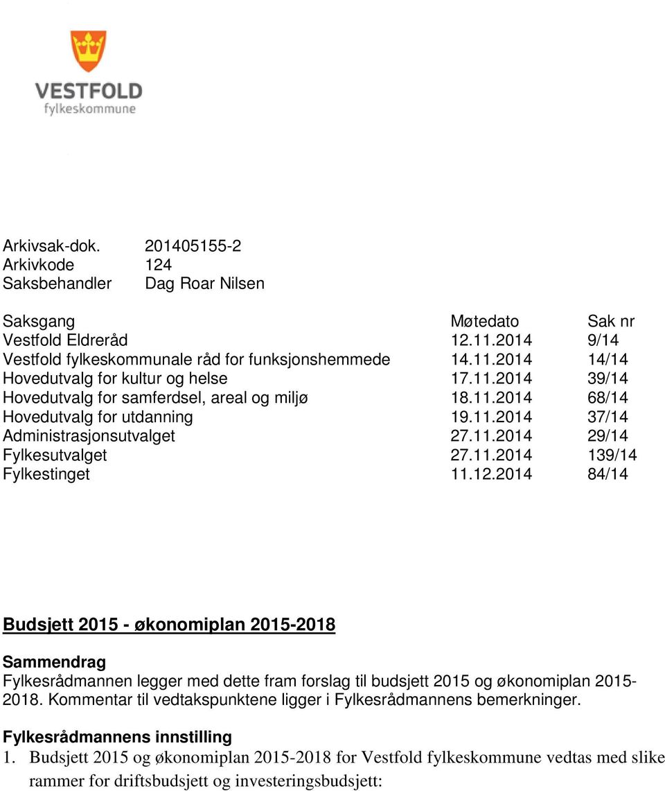 11.2014 39/14 Hovedutvalg for samferdsel, areal og miljø 18.11.2014 68/14 Hovedutvalg for utdanning 19.11.2014 37/14 Administrasjonsutvalget 27.11.2014 29/14 Fylkesutvalget 27.11.2014 139/14 Fylkestinget 11.