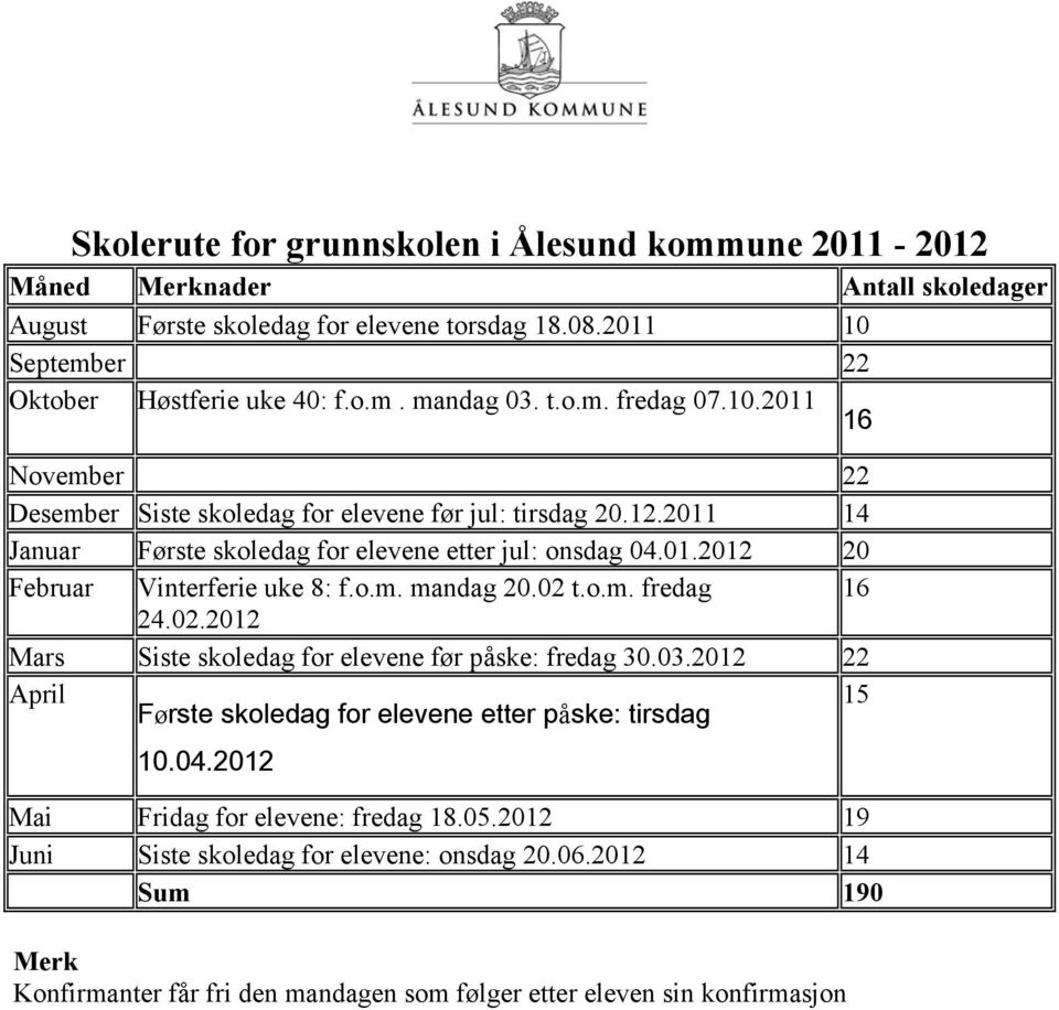o.m. mandag 20.02 t.o.m. fredag 16 24.02.2012 Mars Siste skoledag for elevene før påske: fredag 30.03.2012 22 April Første skoledag for elevene etter påske: tirsdag 15 10.04.
