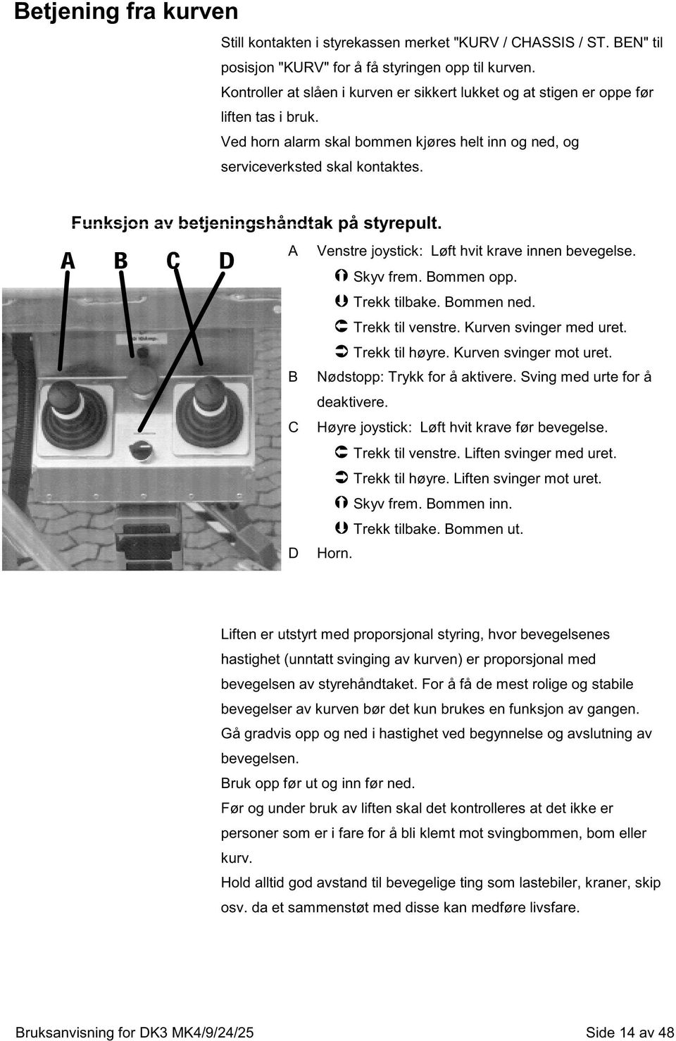 A Funksjon B av C betjeningshåndtak D på styrepult. A Venstre joystick: Løft hvit krave innen bevegelse. Skyv frem. Bommen opp. B C D Trekk tilbake. Bommen ned. Trekk til venstre.