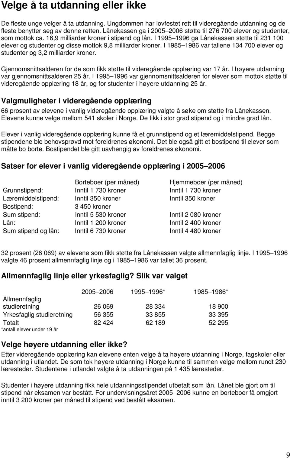 I 1995 1996 ga Lånekassen støtte til 231 100 elever og studenter og disse mottok 9,8 milliarder kroner. I 1985 1986 var tallene 134 700 elever og studenter og 3,2 milliarder kroner.