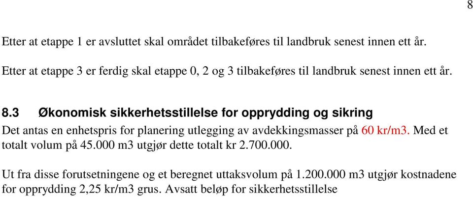 3 Økonomisk sikkerhetsstillelse for opprydding og sikring Det antas en enhetspris for planering utlegging av avdekkingsmasser på 60 kr/m3.