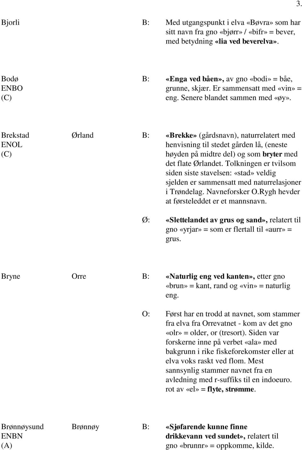 Brekstad Ørland B: «Brekke» (gårdsnavn), naturrelatert med ENOL henvisning til stedet gården lå, (eneste høyden på midtre del) og som bryter med det flate Ørlandet.