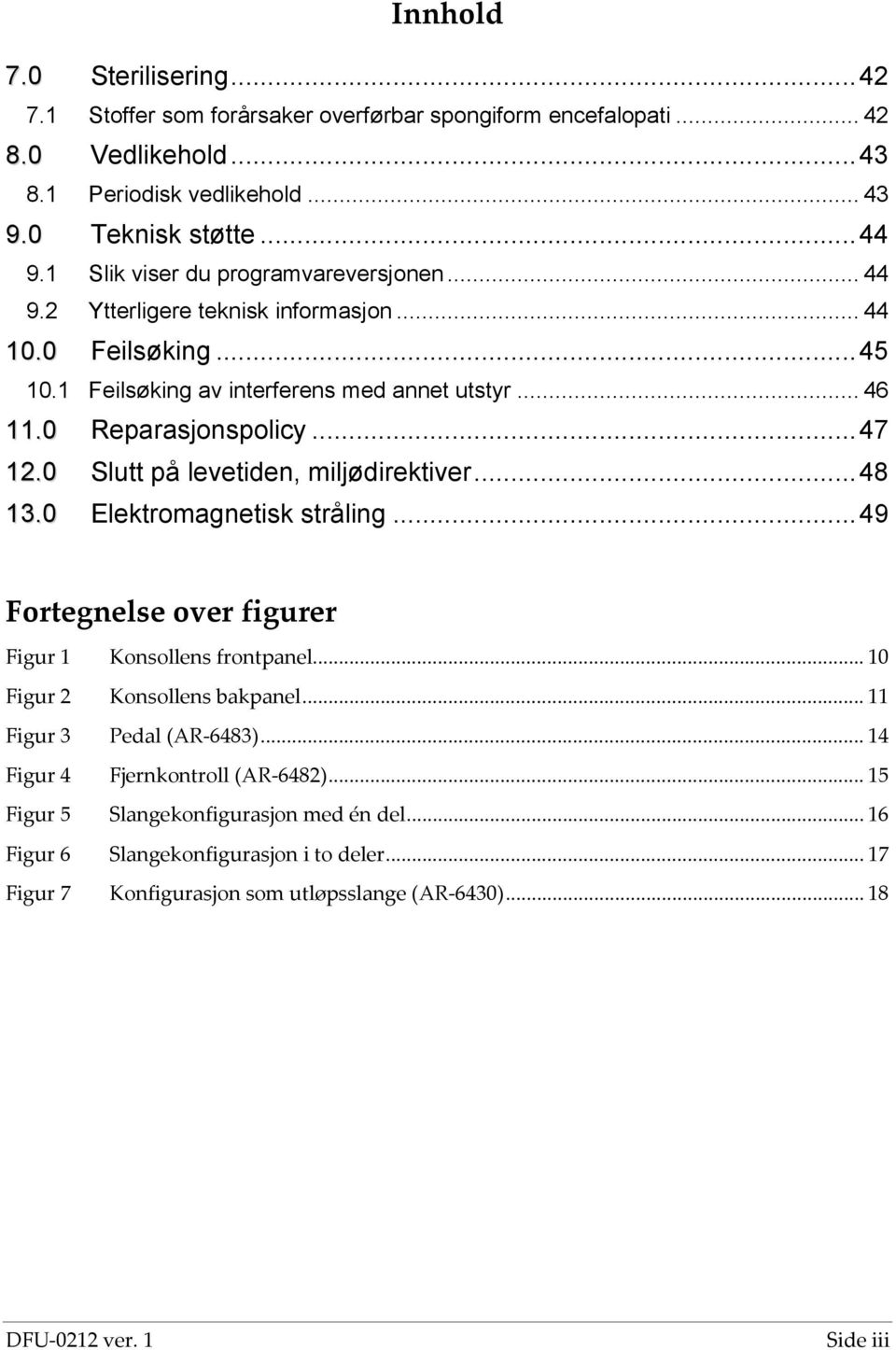 0 Slutt på levetiden, miljødirektiver... 48 13.0 Elektromagnetisk stråling... 49 Fortegnelse over figurer Figur 1 Konsollens frontpanel... 10 Figur 2 Konsollens bakpanel.