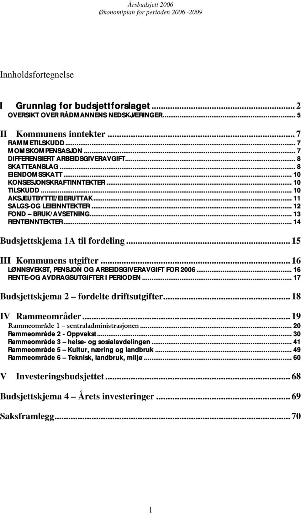 .. 12 FOND BRUK/AVSETNING... 13 RENTEINNTEKTER... 14 Budsjettskjema 1A til fordeling... 15 III Kommunens utgifter... 16 LØNNSVEKST, PENSJON OG ARBEIDSGIVERAVGIFT FOR 2006.