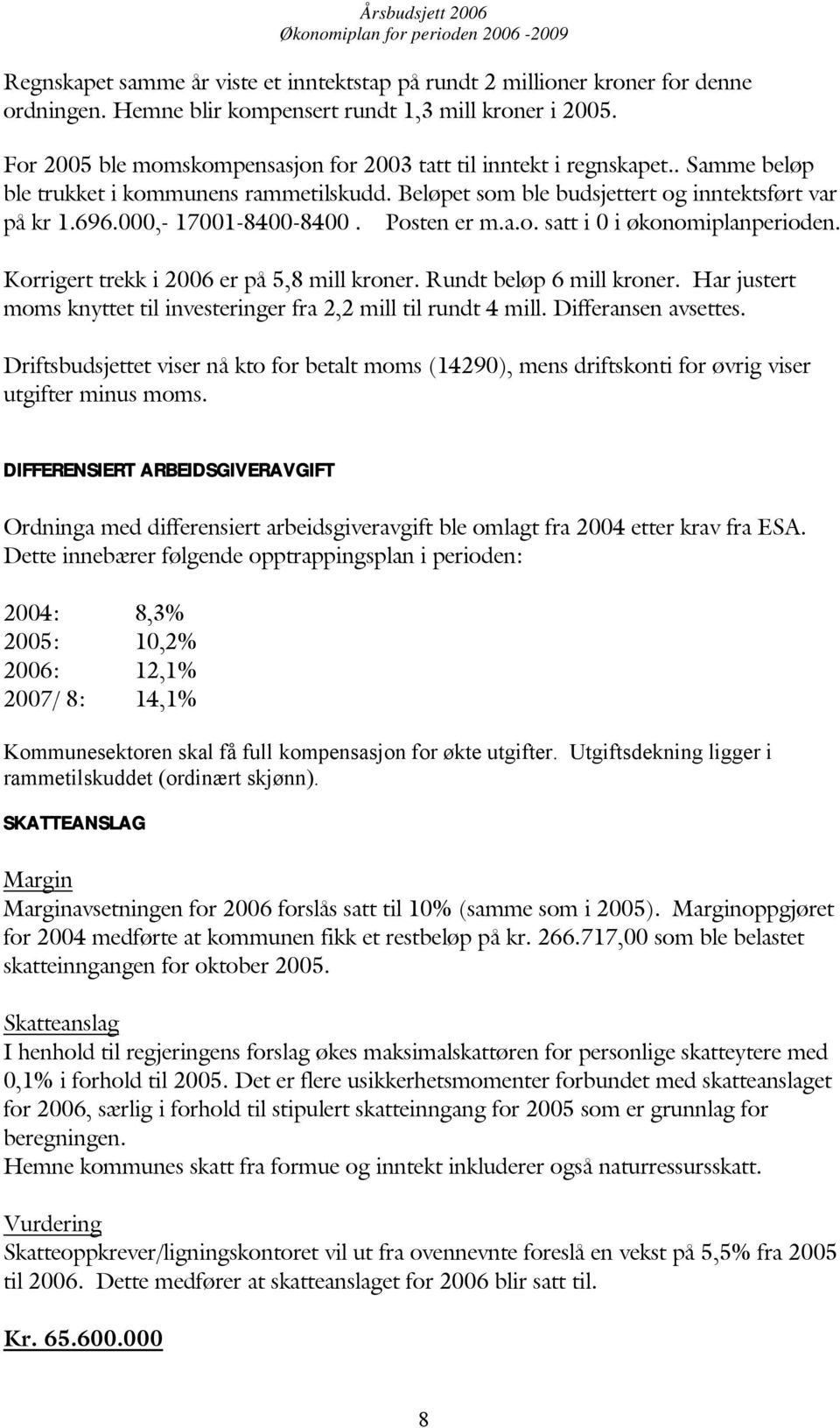 000,- 17001-8400-8400. Posten er m.a.o. satt i 0 i økonomiplanperioden. Korrigert trekk i 2006 er på 5,8 mill kroner. Rundt beløp 6 mill kroner.