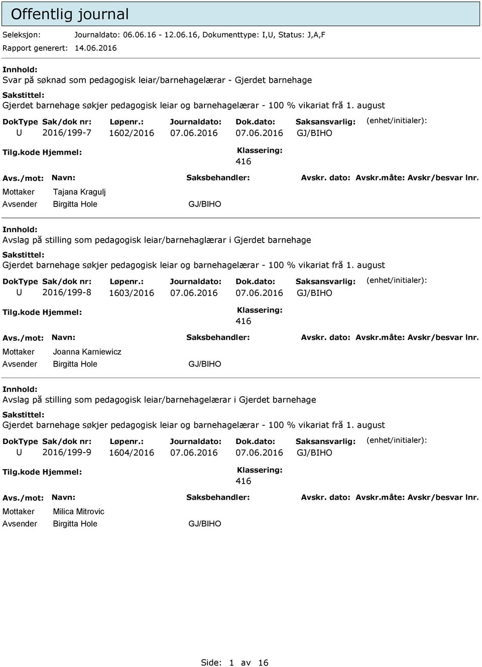 august 2016/199-7 1602/2016 GJ/BHO Tajana Kragulj Birgitta Hole GJ/BHO Avslag på stilling som pedagogisk leiar/barnehaglærar i Gjerdet barnehage Gjerdet barnehage søkjer pedagogisk leiar og