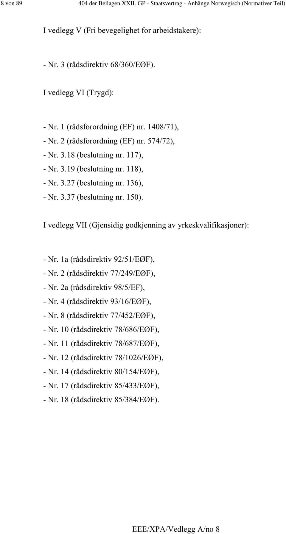 136), - Nr. 3.37 (beslutning nr. 150). I vedlegg VII (Gjensidig godkjenning av yrkeskvalifikasjoner): - Nr. 1a (rådsdirektiv 92/51/EØF), - Nr. 2 (rådsdirektiv 77/249/EØF), - Nr.