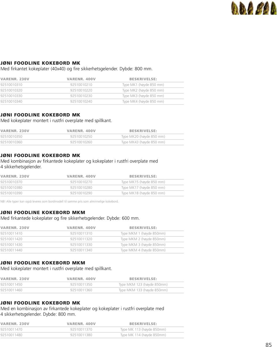 (høyde 850 mm) JØNI FOODLINE KOKEBORD MK Med kokeplater montert i rustfri overplate med spillkant. VARENR. 230V VARENR.