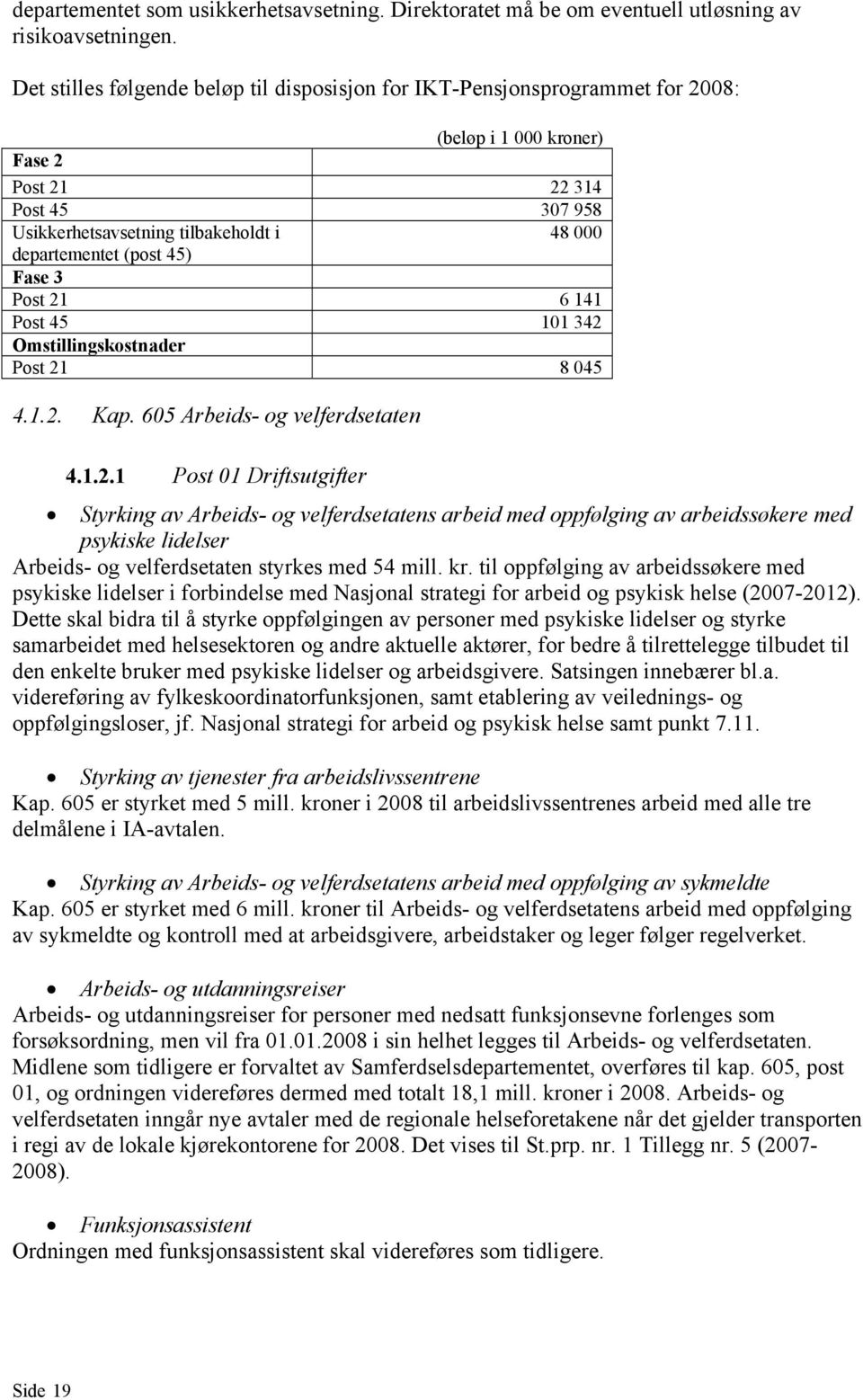 (post 45) Fase 3 Post 21 6 141 Post 45 101 342 Omstillingskostnader Post 21 8 045 4.1.2. Kap. 605 Arbeids- og velferdsetaten 4.1.2.1 Post 01 Driftsutgifter Styrking av Arbeids- og velferdsetatens arbeid med oppfølging av arbeidssøkere med psykiske lidelser Arbeids- og velferdsetaten styrkes med 54 mill.