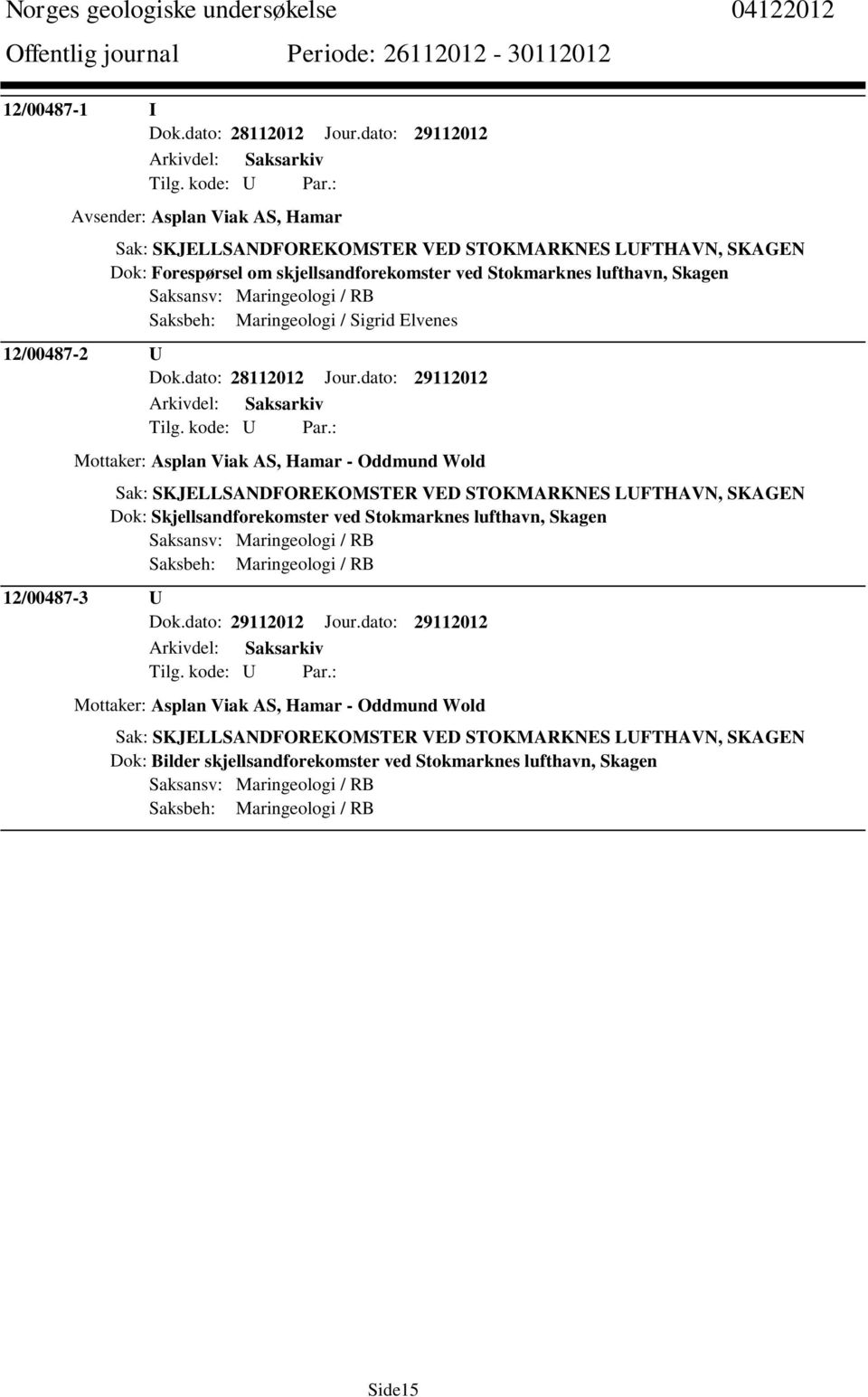 Maringeologi / RB Saksbeh: Maringeologi / Sigrid Elvenes 12/00487-2 U Dok.dato: 28112012 Jour.